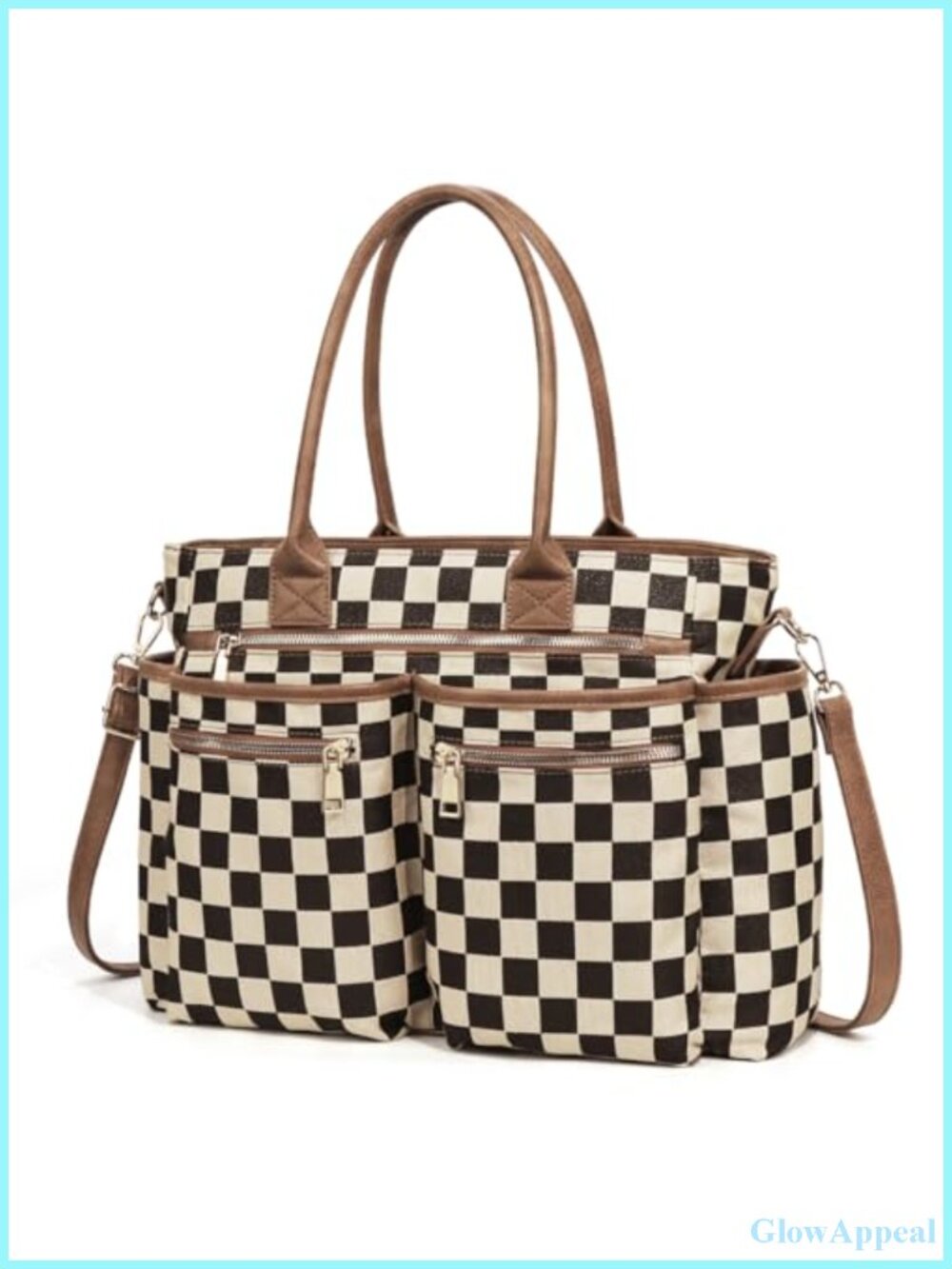 Checkered PU Leather Canvas Tote Bag Large Crossbody Handbag with Zipper